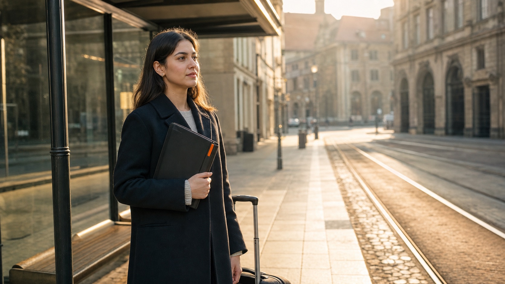 Young professional with a portfolio folder and suitcase at a Munich tram stop in morning light