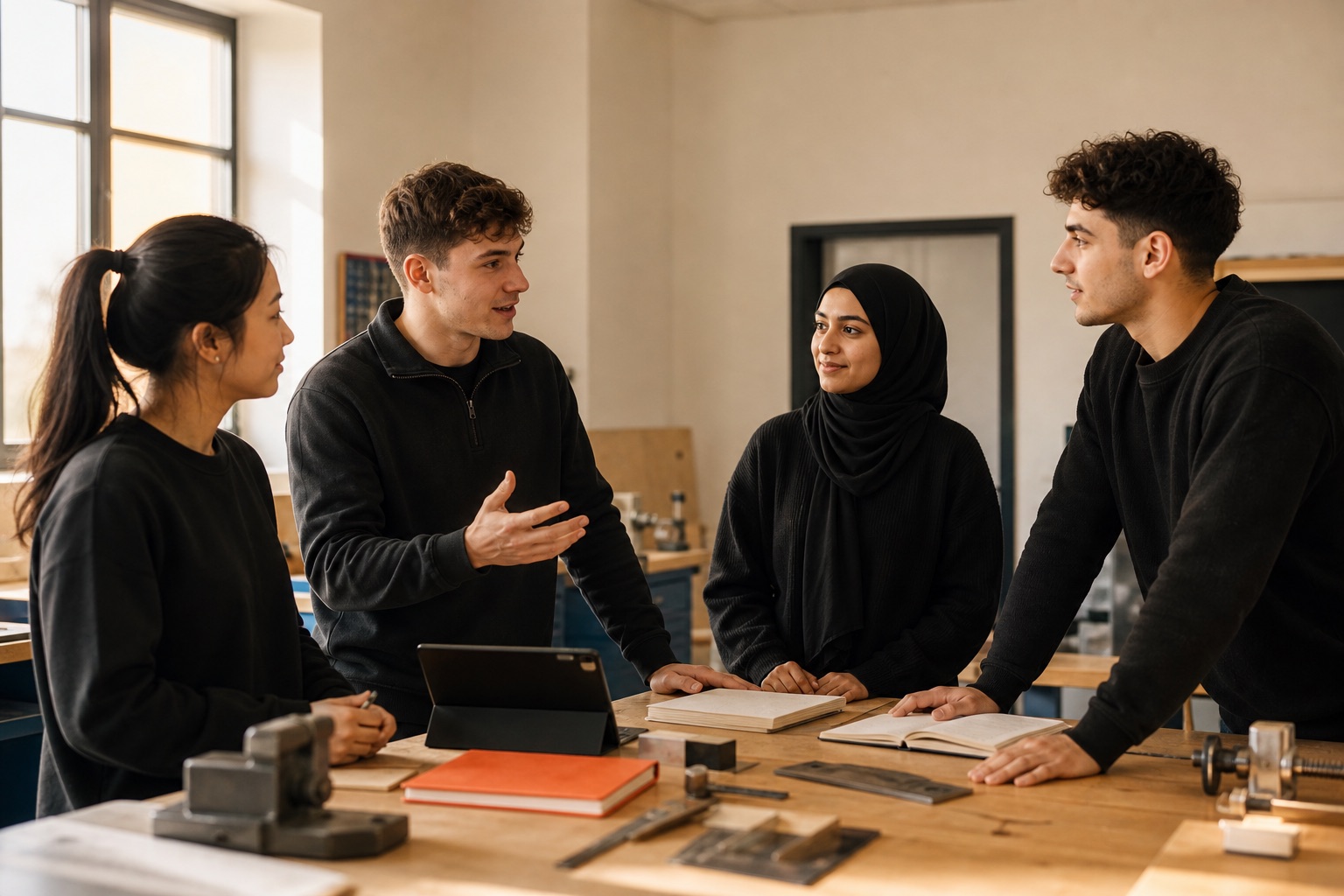 Ausbildung candidates discussing training materials around a vocational classroom workbench