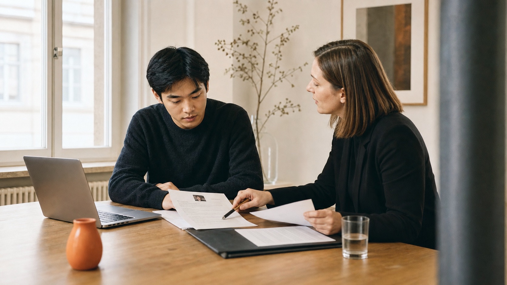 Career coach and international professional reviewing application documents at a wooden table