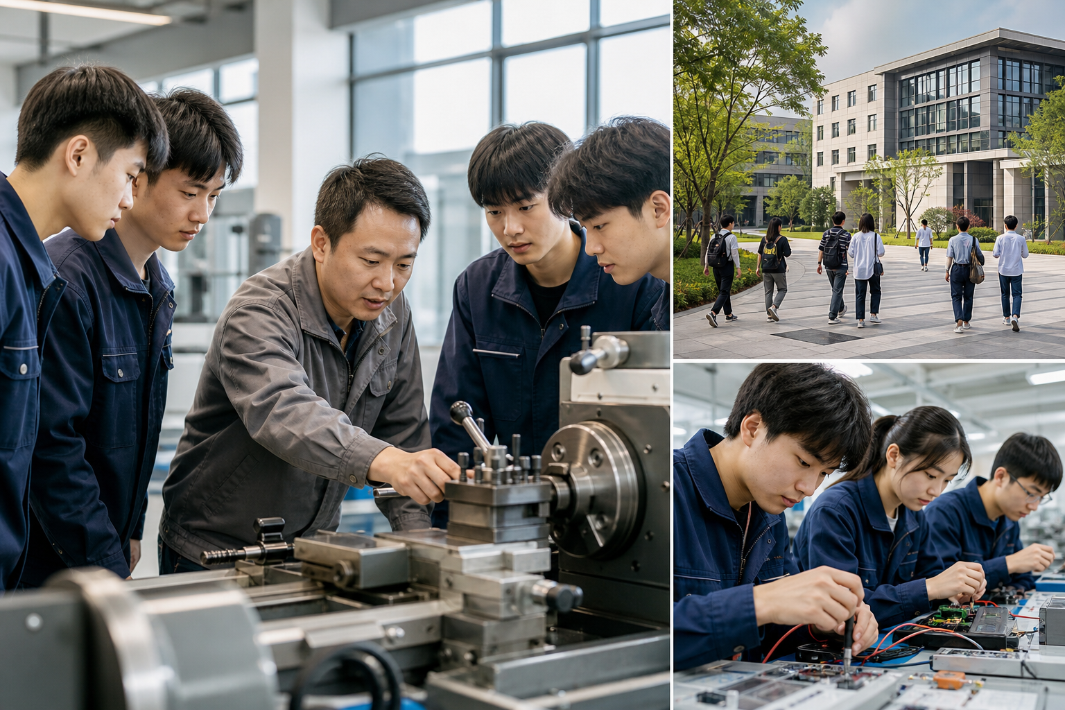 Chinesische Berufsschüler bei technischer Ausbildung sowie ein moderner Campus